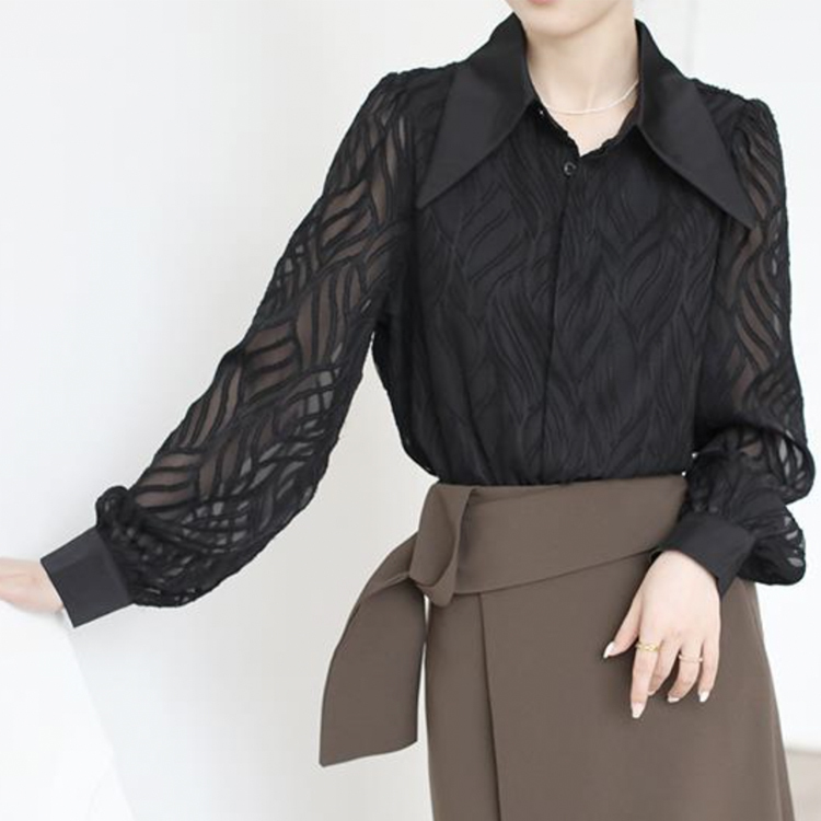 ブラウス レディース 長袖 春 夏 秋 シースルー シアーブラウス 柄 襟 おおきめ襟 黒 ベージュ レトロ エレガント 通勤 OL きれいめ  Dazzle ダズル