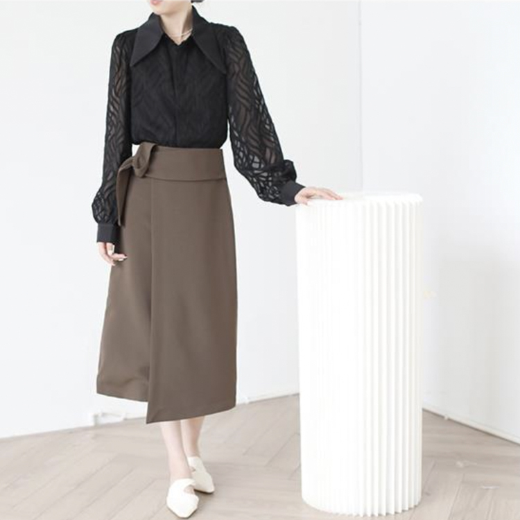 ブラウス レディース 長袖 春 夏 秋 シースルー シアーブラウス 柄 襟 おおきめ襟 黒 ベージュ レトロ エレガント 通勤 OL きれいめ  Dazzle ダズル