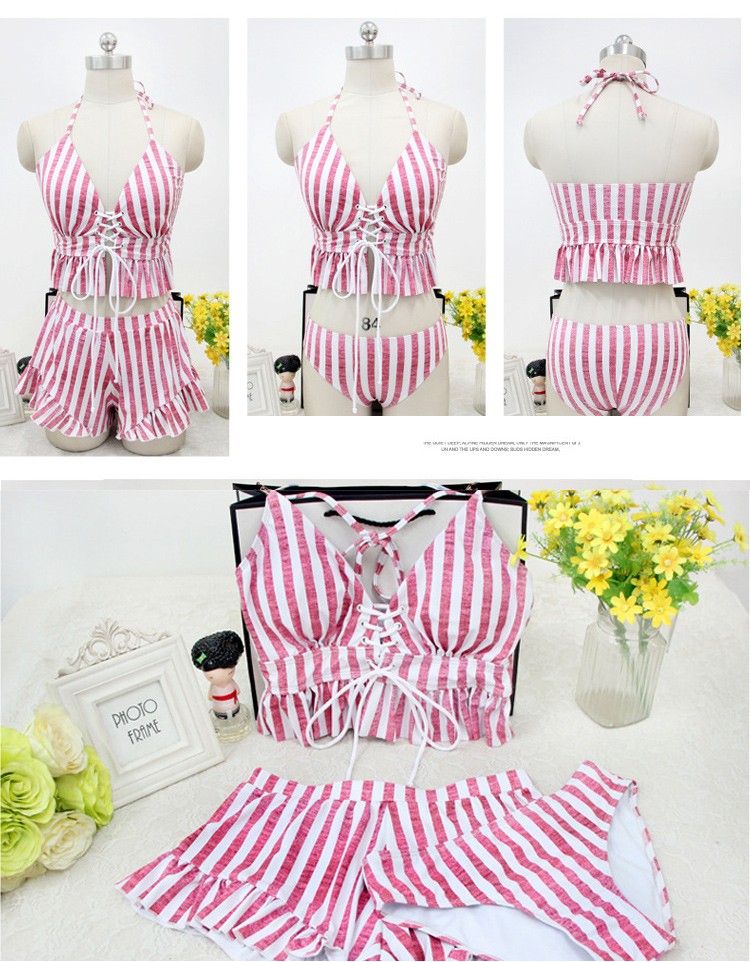 水着 ビキニ ストライプ ホルターネック レースアップ フリル セット 体系カバー バンドゥ