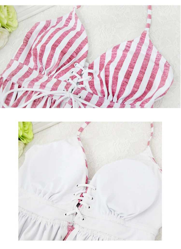 水着 ビキニ ストライプ ホルターネック レースアップ フリル セット 体系カバー バンドゥ