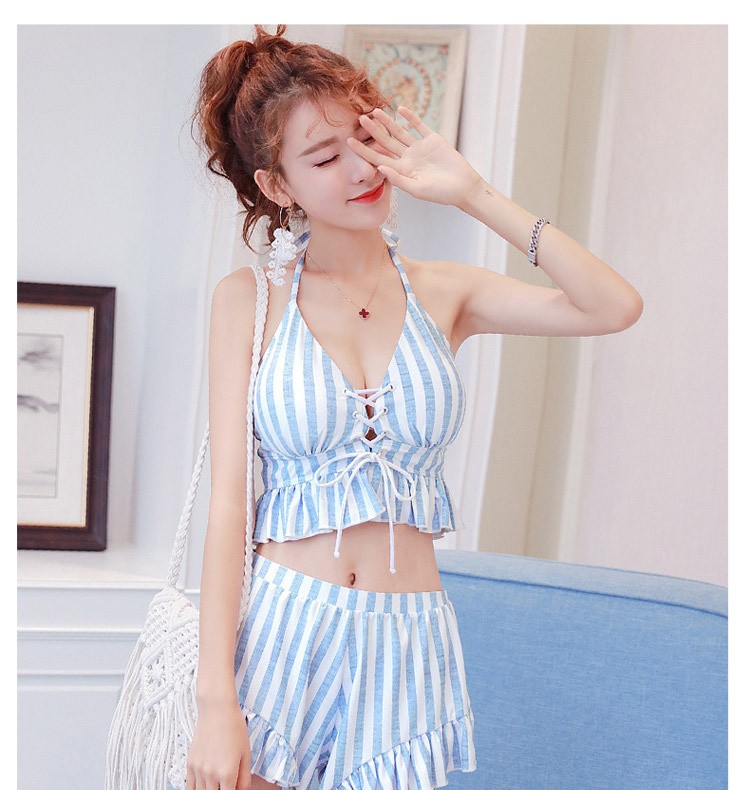 水着 ビキニ ストライプ ホルターネック レースアップ フリル セット 体系カバー バンドゥ