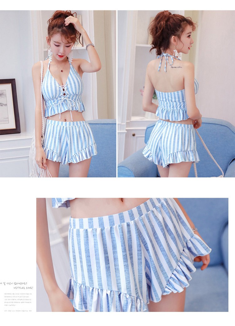 水着 ビキニ ストライプ ホルターネック レースアップ フリル セット 体系カバー バンドゥ