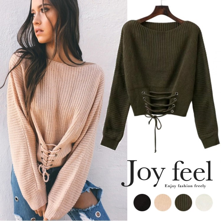 ニット レディース レースアップ ローゲージ 肩見せ 春 秋 Joyfeel ジョイフィール