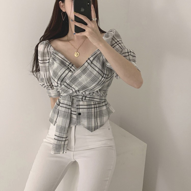 チェック柄 カシュクール ブラウス レディース Vネック 5分袖 リボン トップス 韓国 送料無料 Dazzle ダズル