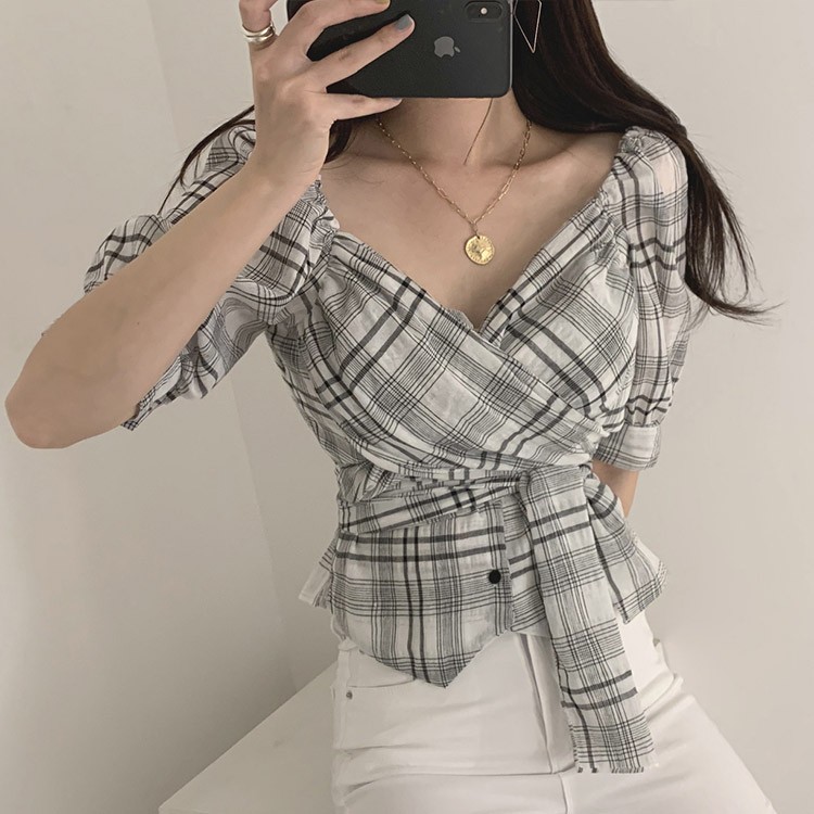 チェック柄 カシュクール ブラウス レディース Vネック 5分袖 リボン トップス 韓国 送料無料 Dazzle ダズル