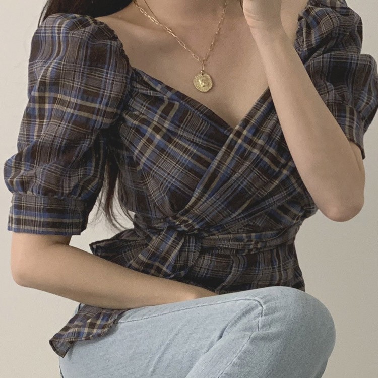 チェック柄 カシュクール ブラウス レディース Vネック 5分袖 リボン トップス 韓国 送料無料 Dazzle ダズル