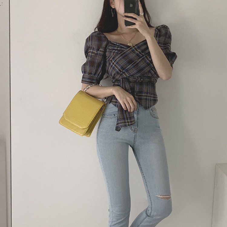チェック柄 カシュクール ブラウス レディース Vネック 5分袖 リボン トップス 韓国 送料無料 Dazzle ダズル