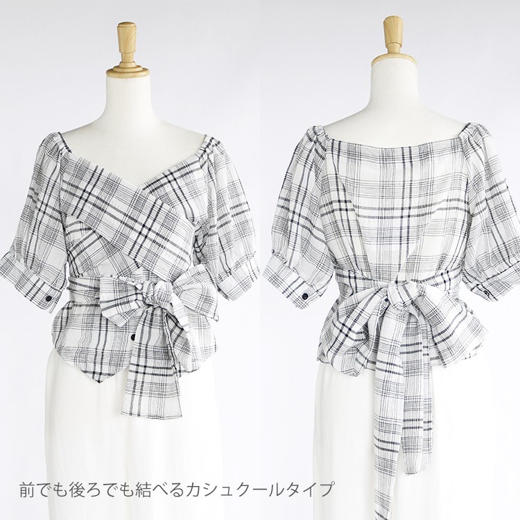 チェック柄 カシュクール ブラウス レディース Vネック 5分袖 リボン トップス 韓国 送料無料 Dazzle ダズル