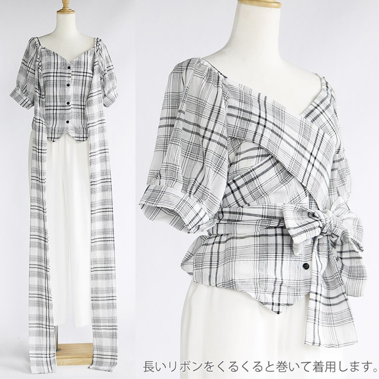 チェック柄 カシュクール ブラウス レディース Vネック 5分袖 リボン トップス 韓国 送料無料 Dazzle ダズル