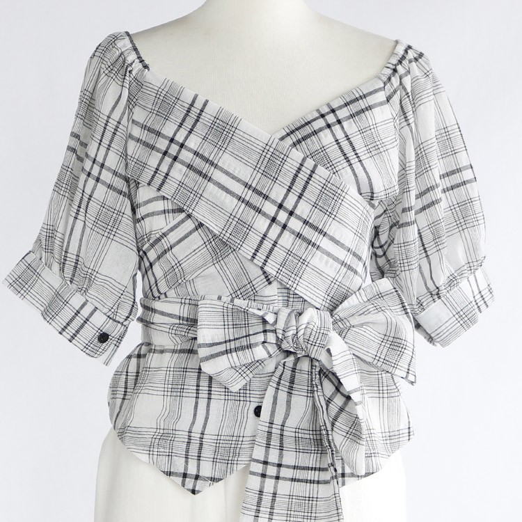 チェック柄 カシュクール ブラウス レディース Vネック 5分袖 リボン トップス 韓国 送料無料 Dazzle ダズル