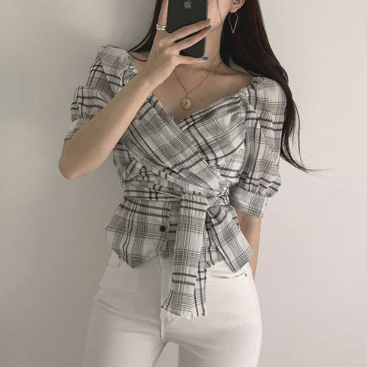 チェック柄 カシュクール ブラウス レディース Vネック 5分袖 リボン トップス 韓国 送料無料 Dazzle ダズル