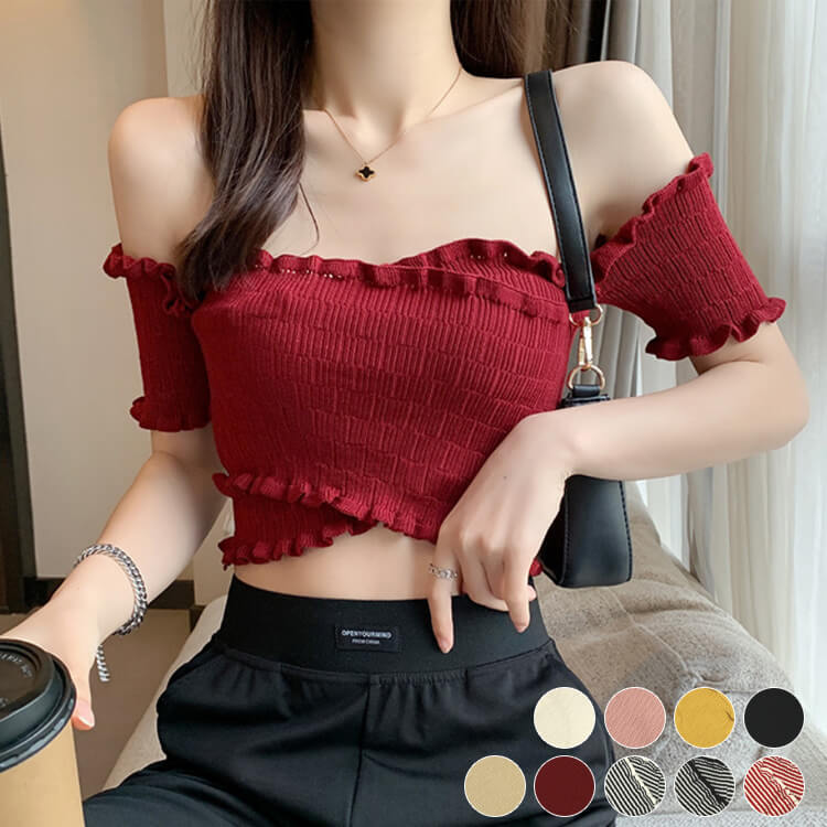 オフショルダー 半袖 レディース ショート丈 サマーニット へそ出し トップス 無地 韓国 送料無料 ジョイフィール joyfeel