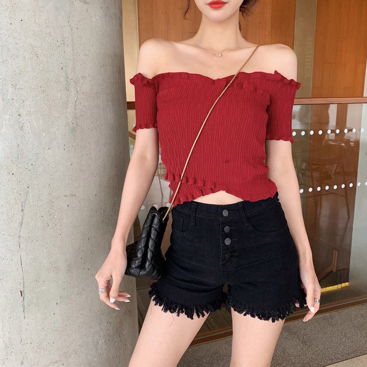 オフショルダー 半袖 レディース ショート丈 サマーニット へそ出し トップス 無地 韓国 送料無料 ジョイフィール joyfeel