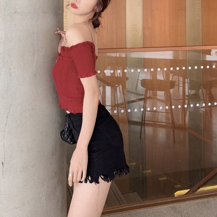 オフショルダー 半袖 レディース ショート丈 サマーニット へそ出し トップス 無地 韓国 送料無料 ジョイフィール joyfeel