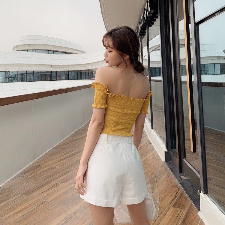 オフショルダー 半袖 レディース ショート丈 サマーニット へそ出し トップス 無地 韓国 送料無料 ジョイフィール joyfeel