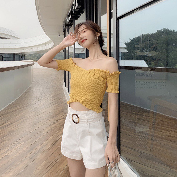 オフショルダー 半袖 レディース ショート丈 サマーニット へそ出し トップス 無地 韓国 送料無料 ジョイフィール joyfeel