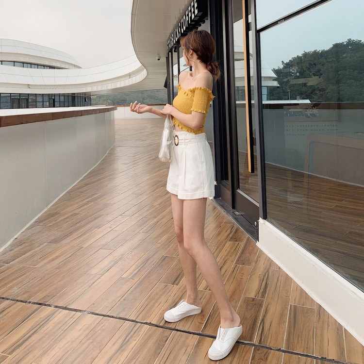 オフショルダー 半袖 レディース ショート丈 サマーニット へそ出し トップス 無地 韓国 送料無料 ジョイフィール joyfeel