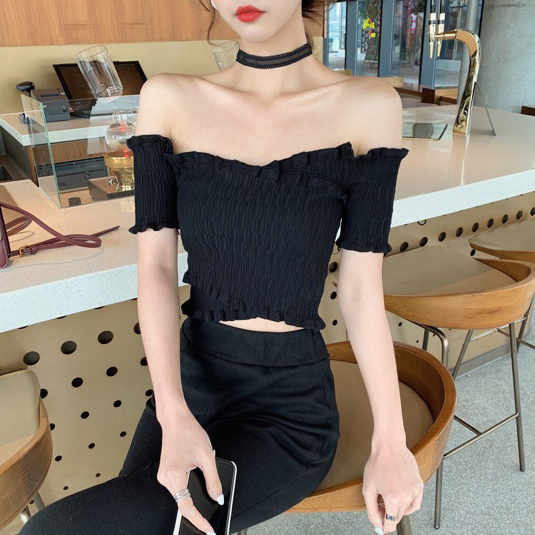 オフショルダー 半袖 レディース ショート丈 サマーニット へそ出し トップス 無地 韓国 送料無料 ジョイフィール joyfeel