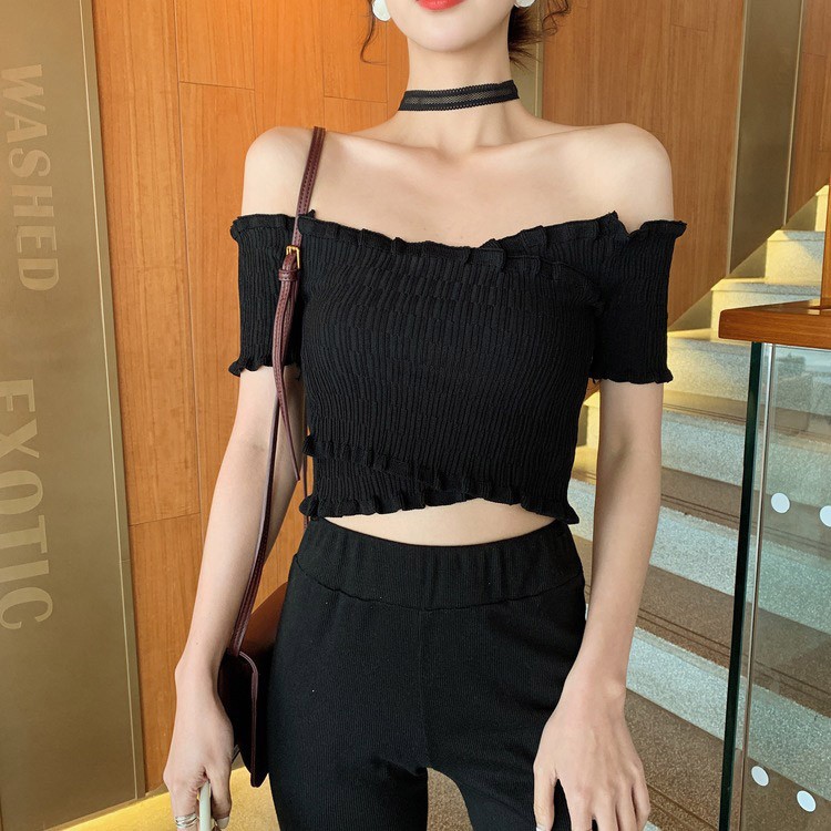 オフショルダー 半袖 レディース ショート丈 サマーニット へそ出し トップス 無地 韓国 送料無料 ジョイフィール joyfeel