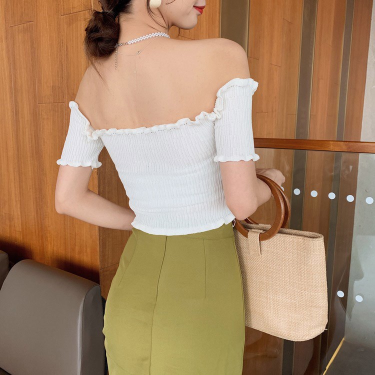 オフショルダー 半袖 レディース ショート丈 サマーニット へそ出し トップス 無地 韓国 送料無料 ジョイフィール joyfeel
