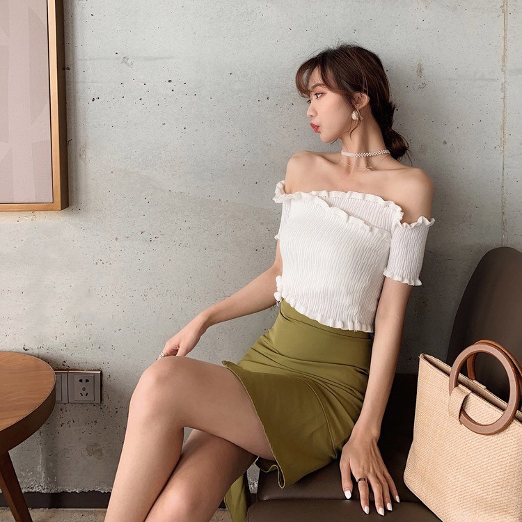 オフショルダー 半袖 レディース ショート丈 サマーニット へそ出し トップス 無地 韓国 送料無料 ジョイフィール joyfeel