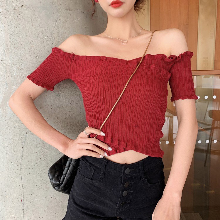 オフショルダー 半袖 レディース ショート丈 サマーニット へそ出し トップス 無地 韓国 送料無料 ジョイフィール joyfeel