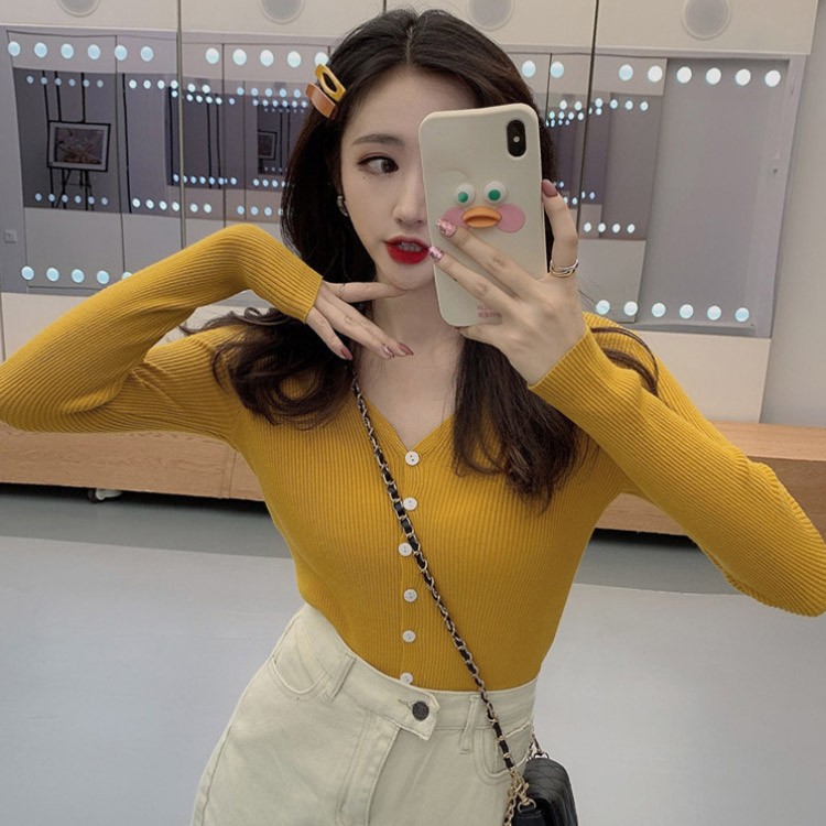 ニット カーディガン レディース 長袖 Vネック トップス 無地 黒 白 青 緑 黄 韓国 送料無料 Dazzle ダズル