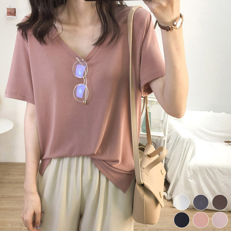 Tシャツ 半袖 レディース Uネック 韓国 送料無料 ジョイフィール joyfeel