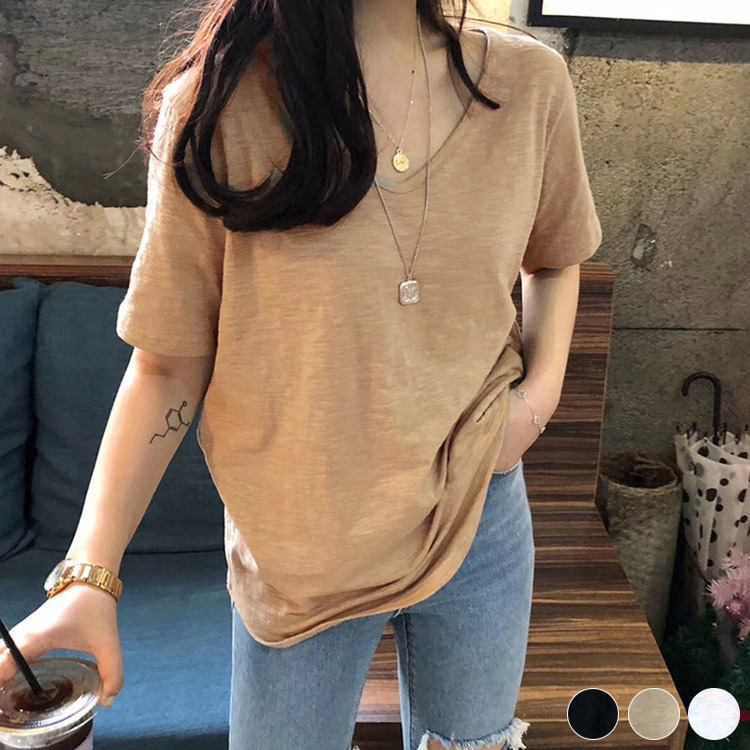 Tシャツ 半袖 レディース Vネック 韓国 送料無料 ジョイフィール joyfeel