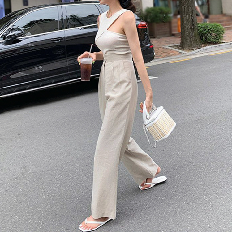 タンクトップ レディース ノースリーブ クルーネック アシンメトリー ノースリーブ 切り替え 無地 Dazzle ダズル