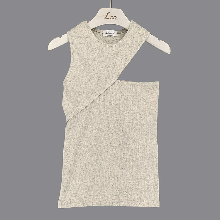 タンクトップ レディース ノースリーブ クルーネック アシンメトリー ノースリーブ 切り替え 無地 Dazzle ダズル