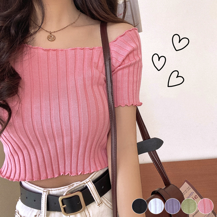 Tシャツ レディース スクエアネック 肩見せ 半袖 ショート丈 リブ オフショルダー Dazzle ダズル