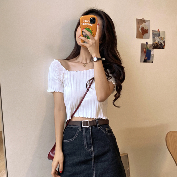 Tシャツ レディース スクエアネック 肩見せ 半袖 ショート丈 リブ オフショルダー Dazzle ダズル