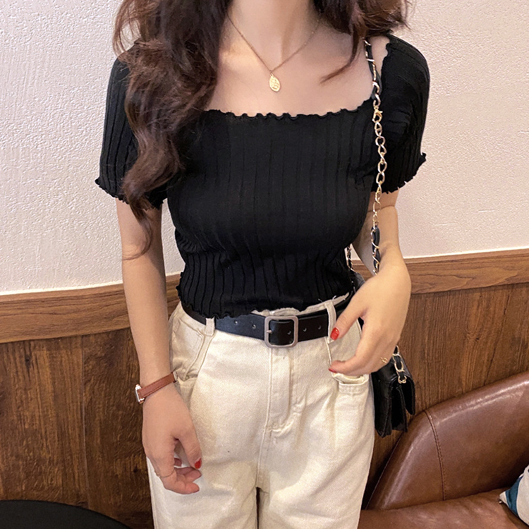 Tシャツ レディース スクエアネック 肩見せ 半袖 ショート丈 リブ オフショルダー Dazzle ダズル