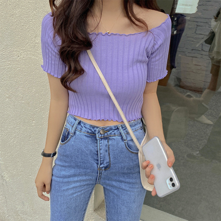 Tシャツ レディース スクエアネック 肩見せ 半袖 ショート丈 リブ オフショルダー Dazzle ダズル