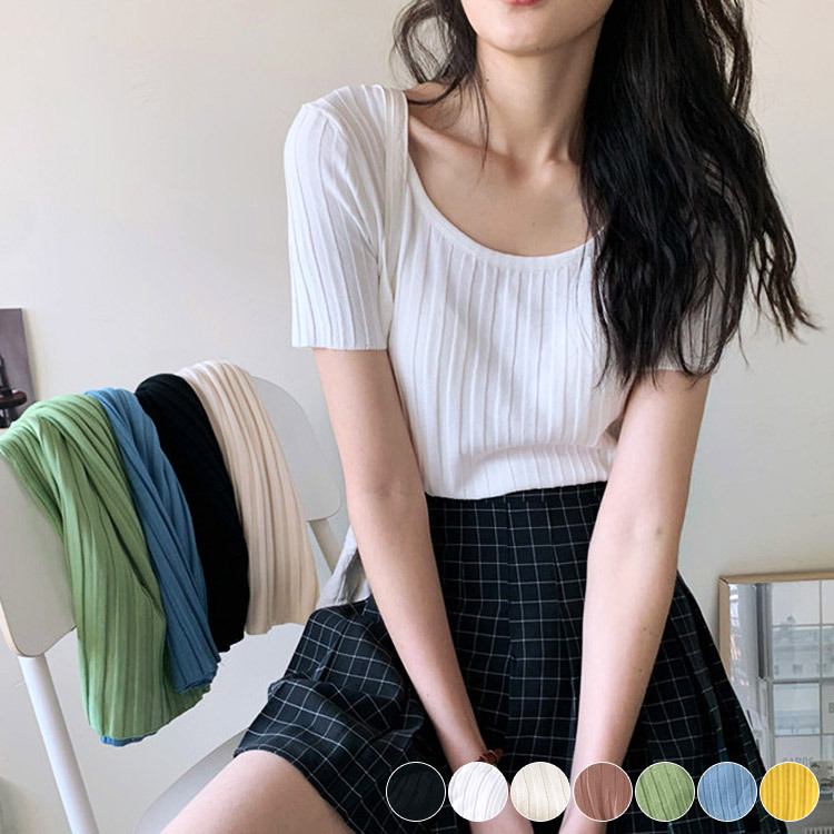 Tシャツ レディース 半袖 半袖Tシャツ リブ 夏 かわいい Uネック Dazzle ダズル