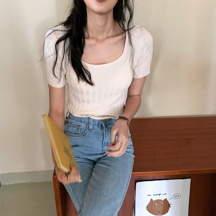 Tシャツ レディース 半袖 半袖Tシャツ リブ 夏 かわいい Uネック Dazzle ダズル