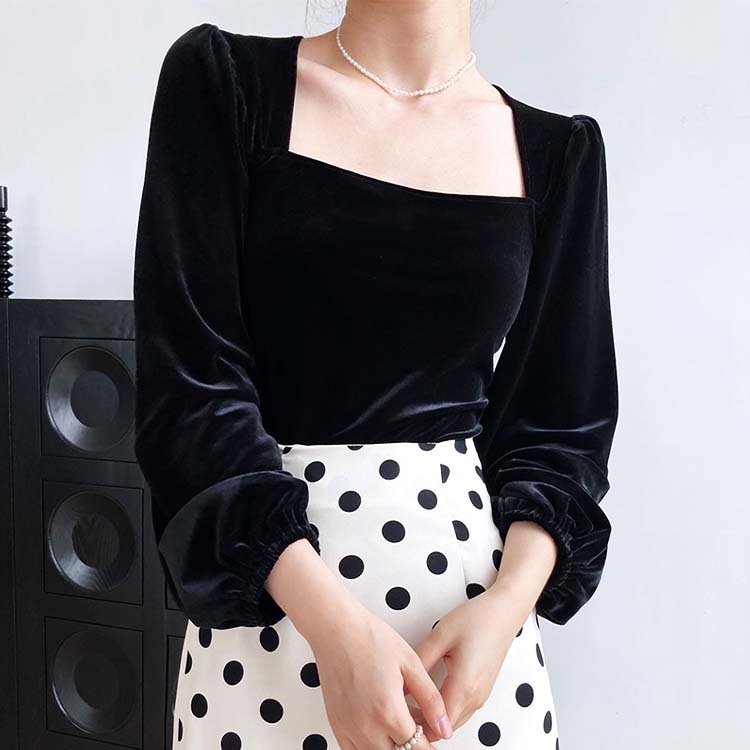 トップス レディース ベロア 長袖 秋冬 秋 冬 きれいめ ブラック 黒 スクエアネック パフスリーブ カットソー エレガント Dzzle ダズル