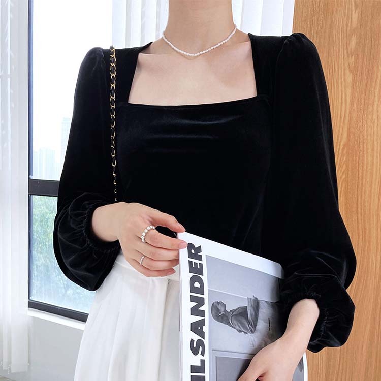トップス レディース ベロア 長袖 秋冬 秋 冬 きれいめ ブラック 黒 スクエアネック パフスリーブ カットソー エレガント Dzzle ダズル