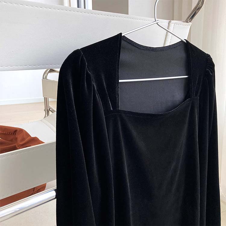 トップス レディース ベロア 長袖 秋冬 秋 冬 きれいめ ブラック 黒 スクエアネック パフスリーブ カットソー エレガント Dzzle ダズル