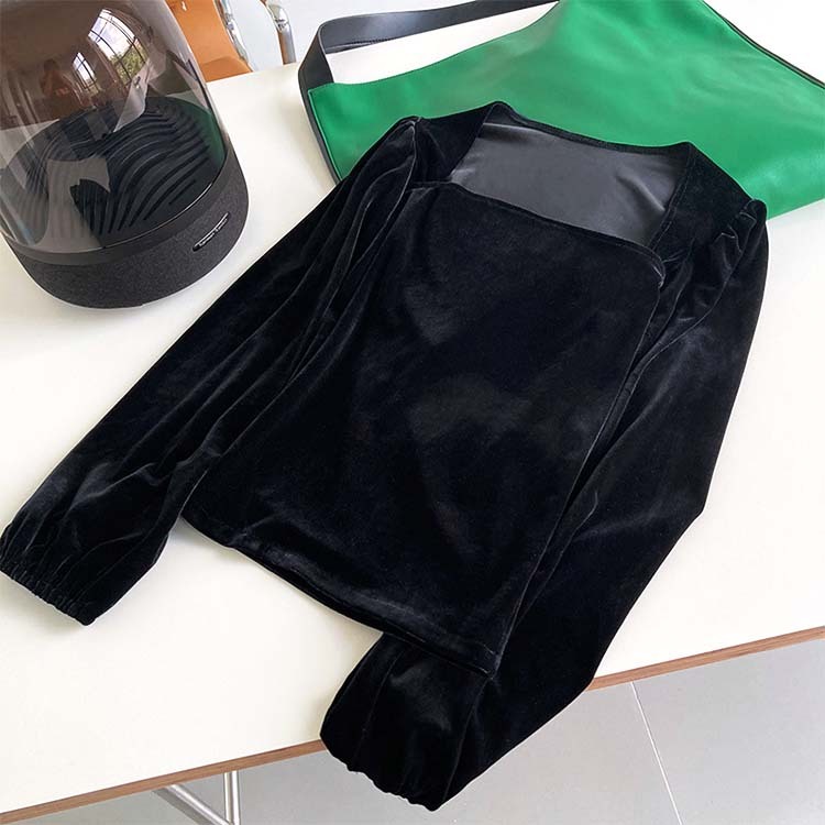 トップス レディース ベロア 長袖 秋冬 秋 冬 きれいめ ブラック 黒 スクエアネック パフスリーブ カットソー エレガント Dzzle ダズル