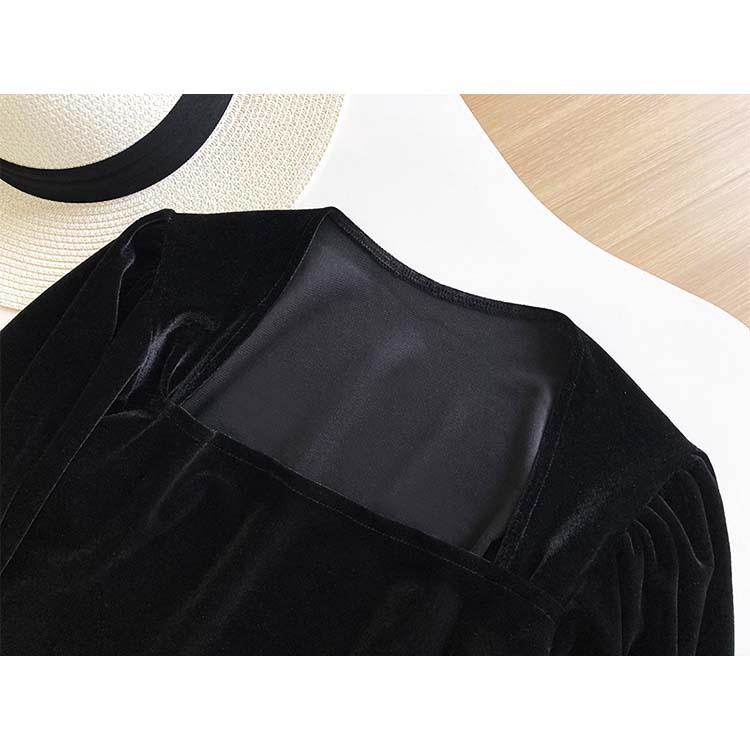 トップス レディース ベロア 長袖 秋冬 秋 冬 きれいめ ブラック 黒 スクエアネック パフスリーブ カットソー エレガント Dzzle ダズル