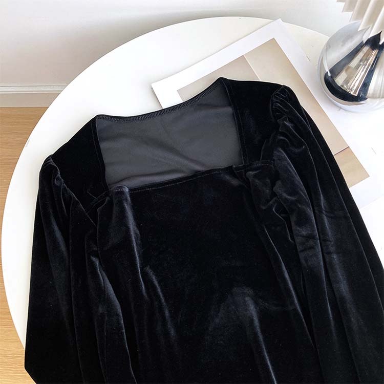 トップス レディース ベロア 長袖 秋冬 秋 冬 きれいめ ブラック 黒 スクエアネック パフスリーブ カットソー エレガント Dzzle ダズル