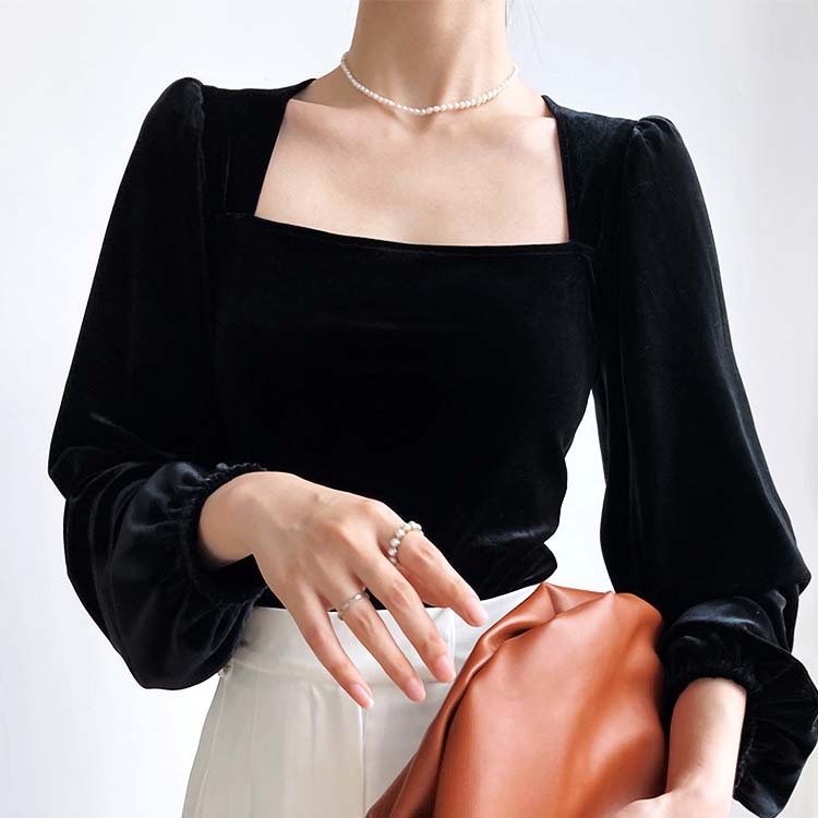 トップス レディース ベロア 長袖 秋冬 秋 冬 きれいめ ブラック 黒 スクエアネック パフスリーブ カットソー エレガント Dzzle ダズル