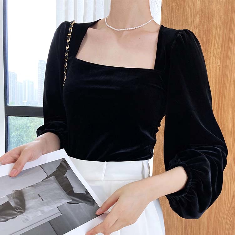 トップス レディース ベロア 長袖 秋冬 秋 冬 きれいめ ブラック 黒 スクエアネック パフスリーブ カットソー エレガント Dzzle ダズル