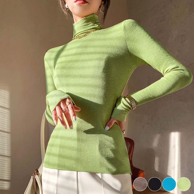 ハイネック トップス レディース 無地 Tシャツ 長袖 薄手 シンプル 定番 リブ ホワイト ブラック グリーン 青 秋 春 Dazzle ダズル