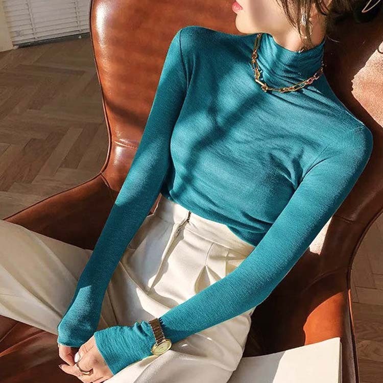 ハイネック トップス レディース 無地 Tシャツ 長袖 薄手 シンプル 定番 リブ ホワイト ブラック グリーン 青 秋 春 Dazzle ダズル