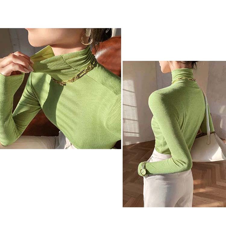 ハイネック トップス レディース 無地 Tシャツ 長袖 薄手 シンプル 定番 リブ ホワイト ブラック グリーン 青 秋 春 Dazzle ダズル