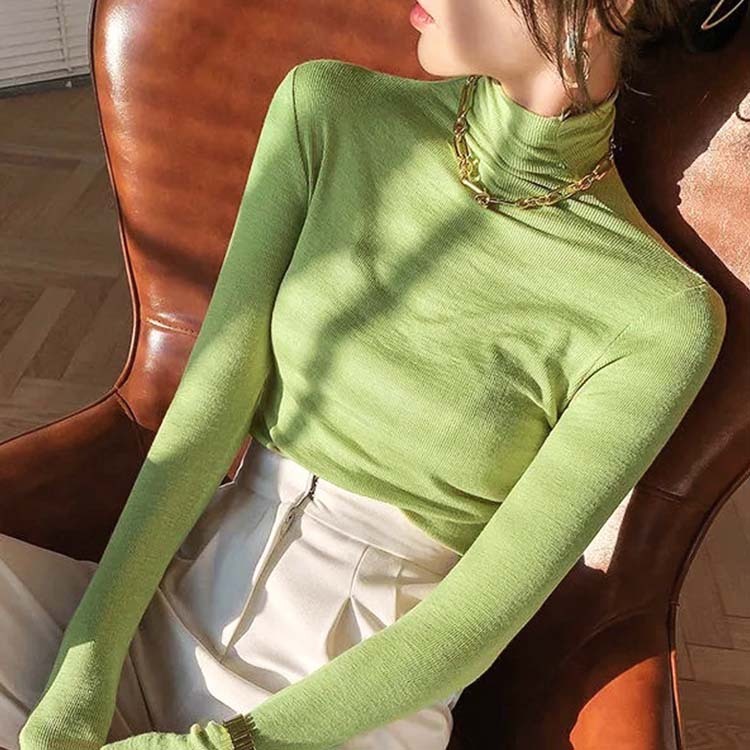 ハイネック トップス レディース 無地 Tシャツ 長袖 薄手 シンプル 定番 リブ ホワイト ブラック グリーン 青 秋 春 Dazzle ダズル