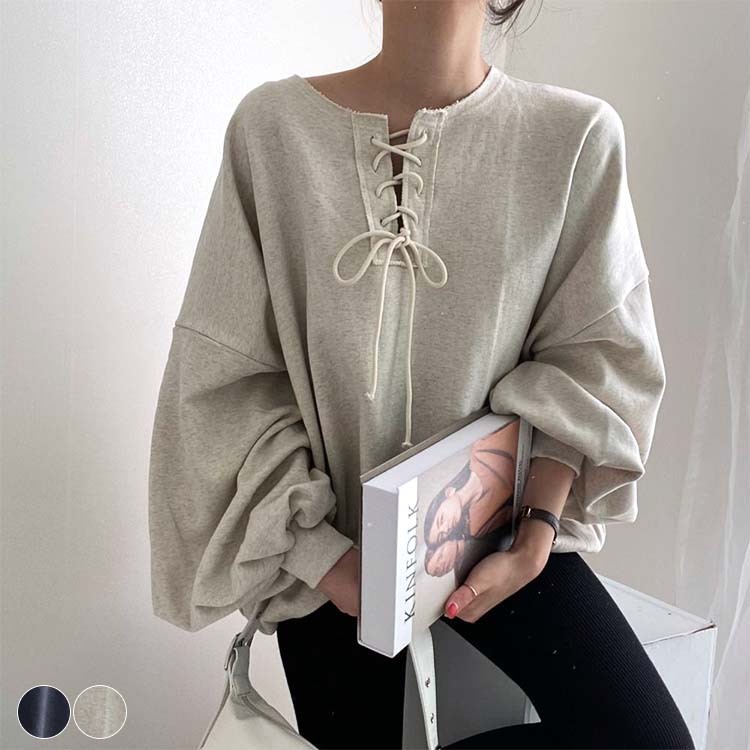 トレーナー レディース スウェット トップス レースアップ ランタンスリーブ ボリューム袖 ゆったり おしゃれ 春 秋 Dazzle ダズル